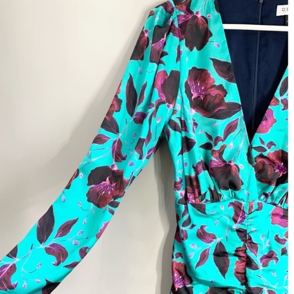 Delfi collective Isla Teal Magenta Floral Ruched long sleeve Mini Dress - Picture 11 of 11